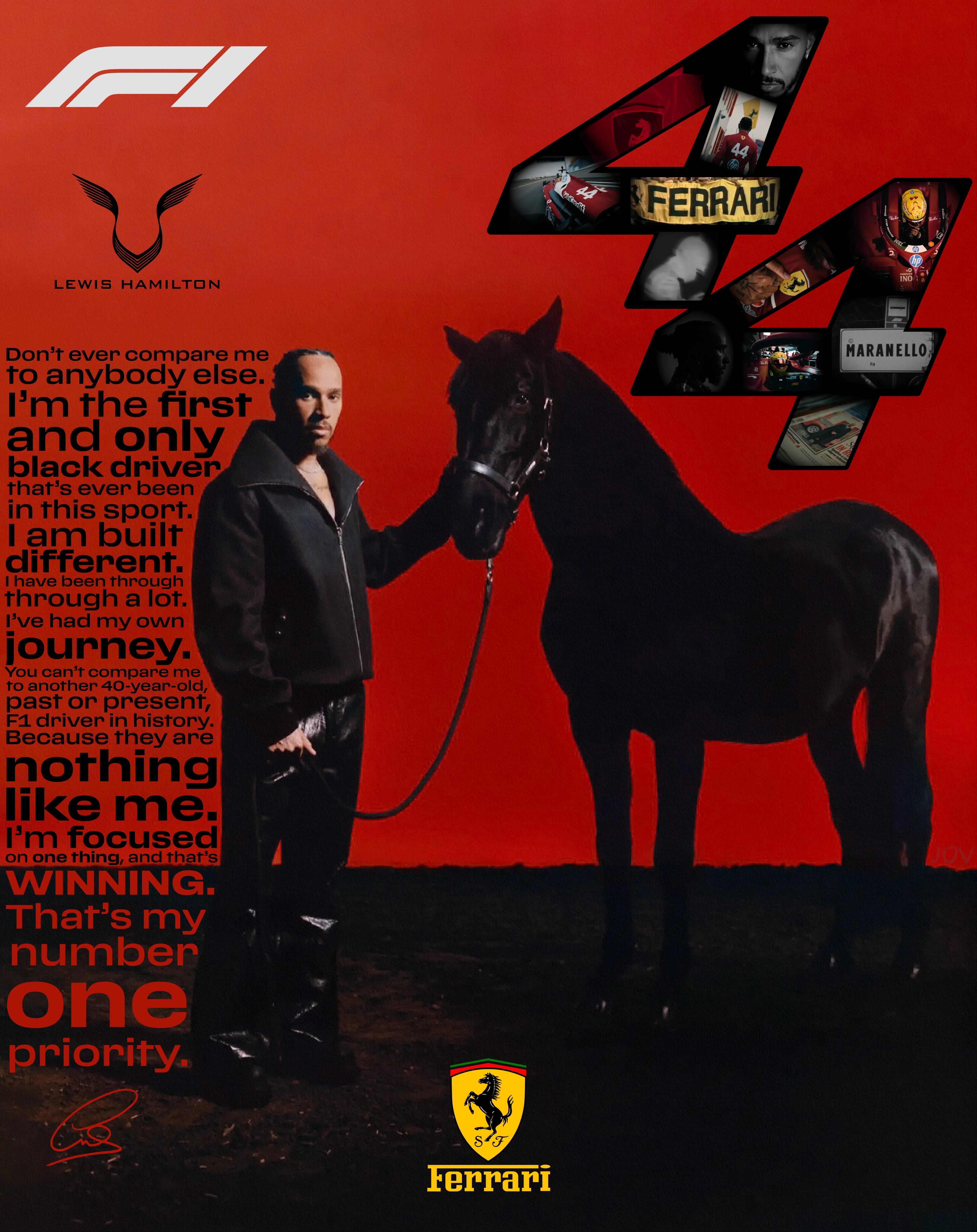 Lewis Hamilton Ferrari tribute poster with a black horse
